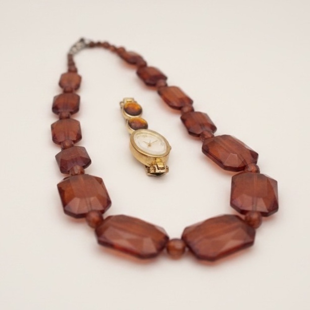 Vintage Retro Amber Chunky Bead Necklace‎ Watch Set Gold Tone Acrylic OS Brown